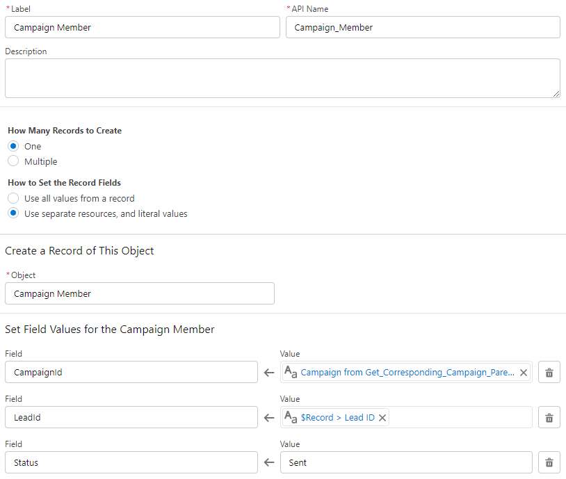 Demonstration of creation of campaign members using the values retrieved in the flow.