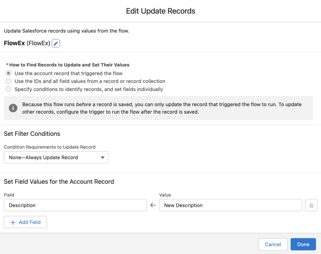 Screenshot of setting the record update to replicate simple trigger