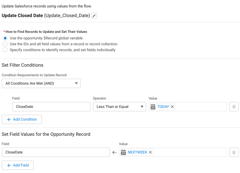 Screenshot of update records with fields populated with criteria above.