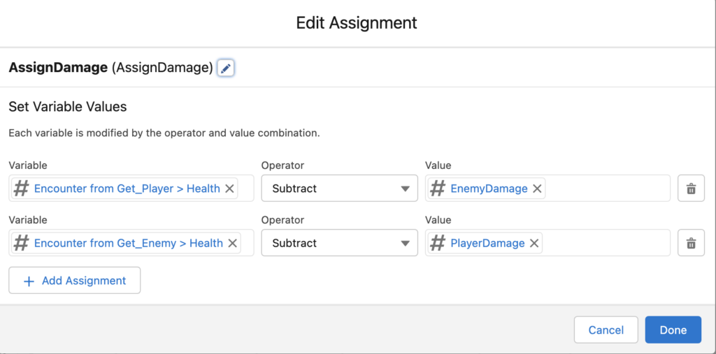 Screenshot of AssignDamage Assignment Updated for EnemyDamage and PlayerDamage