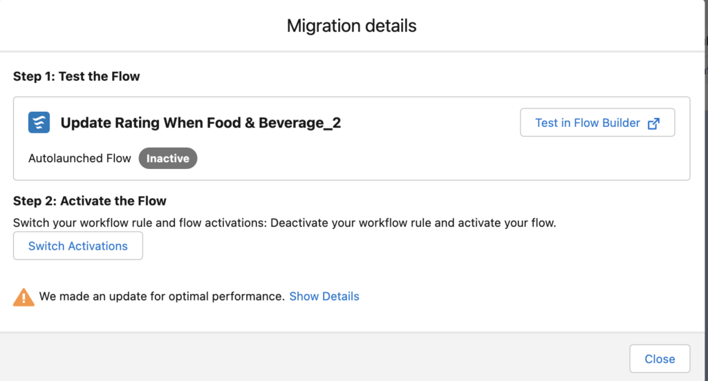 Migration Tool Switch Activations deactivates workflow and activates flow.