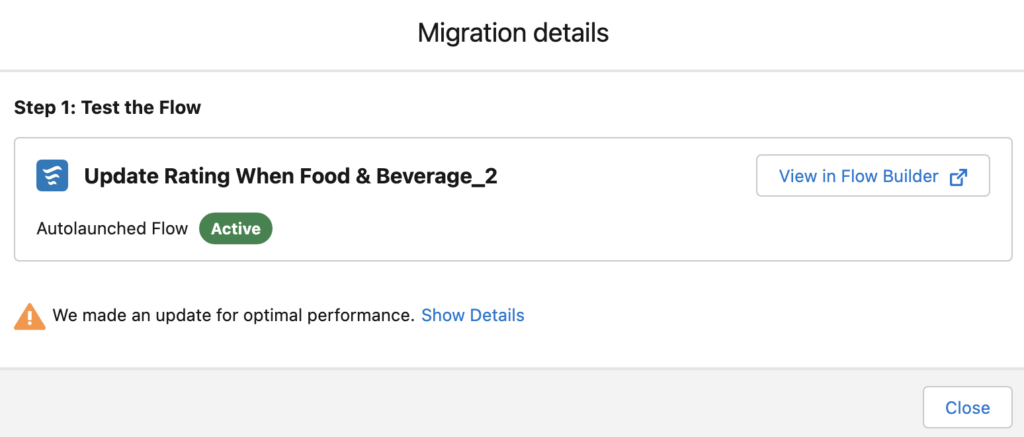 Flow Migrated End screen with links to flow builder it has been set to.