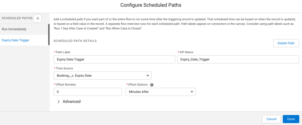 Screenshot of Configure Scheduled Paths to match example.